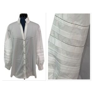 Chicos White Pleated Sleeve Button Up Tunic Blouse Metallic Trim Modern 3 US 16